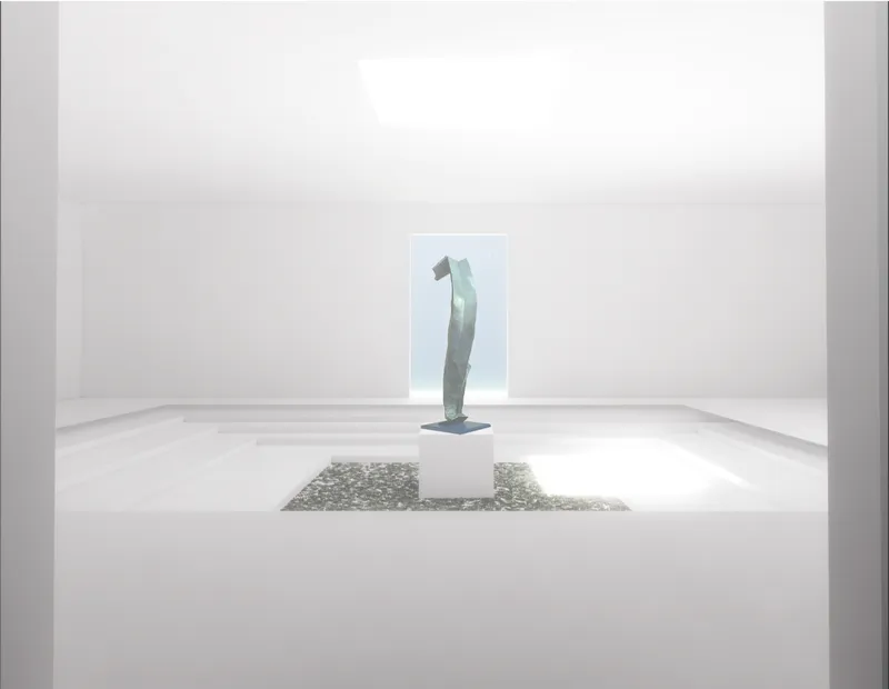 White interior gallery space with a bronze sculpture on a gravel plinth centered beneath a skylight