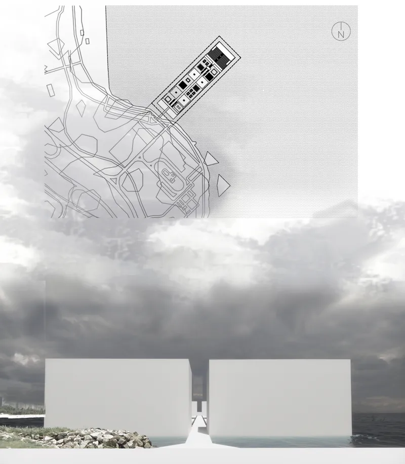 Site plan drawing overlaid on a photograph of two white volumes by the water under stormy skies