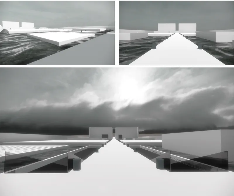 Model views showing white volumes connected by a pier stretching across dark water toward distant mountains