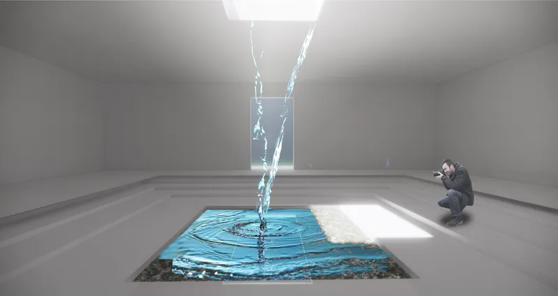 Gallery space with a water pool reflecting sunlight as a visitor crouches beside it photographing