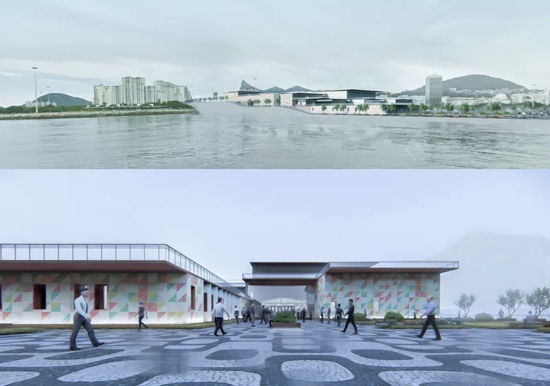 Low pavilions with geometric facade panels arranged around a plaza with patterned paving under overcast sky