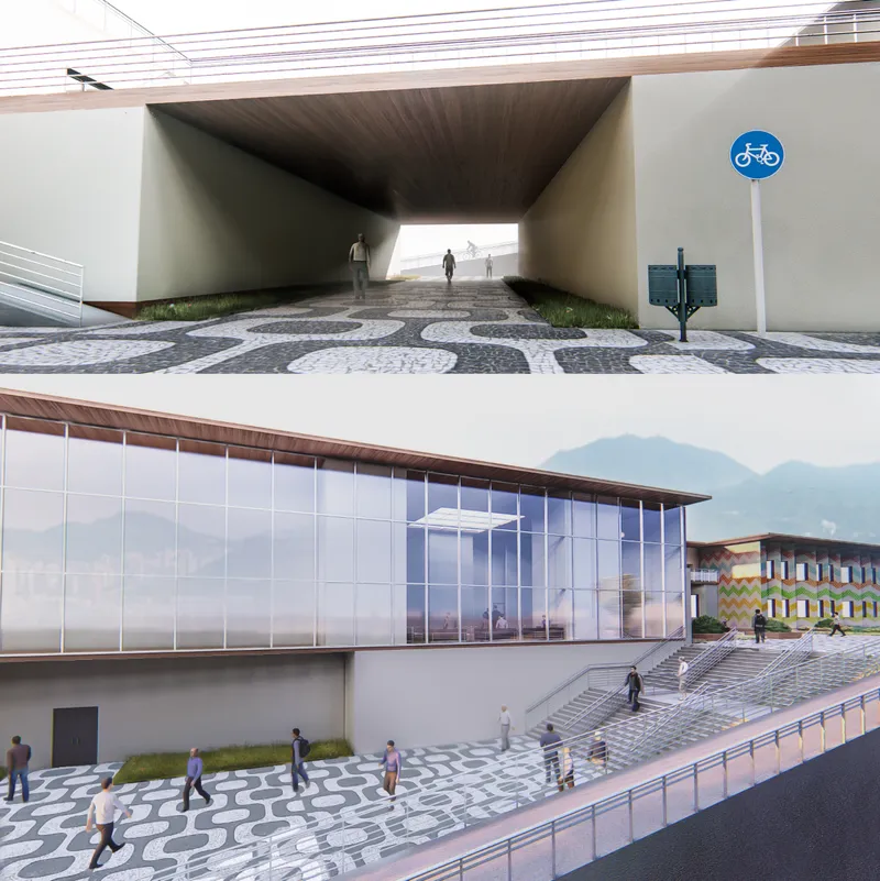 Pedestrian underpass with tapered concrete walls and timber ceiling opening to daylight beyond