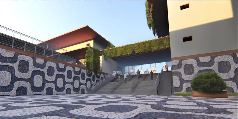 Stepped plaza with patterned retaining wall and planted green roof terraces in afternoon light