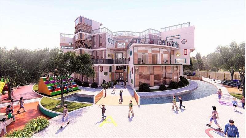 Courtyard view of the curved three-story building with children playing on colorful pavement and playground