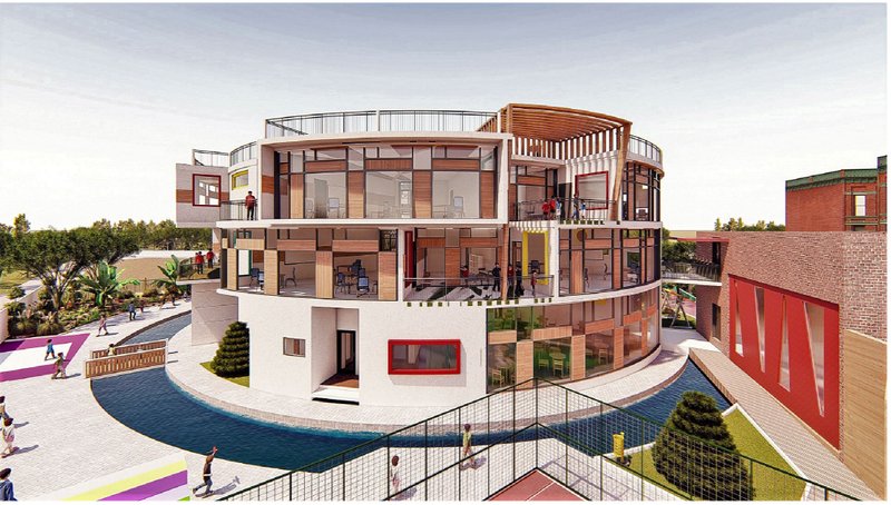 Section perspective showing the cylindrical building's exposed interior floors framed by vertical timber louvers