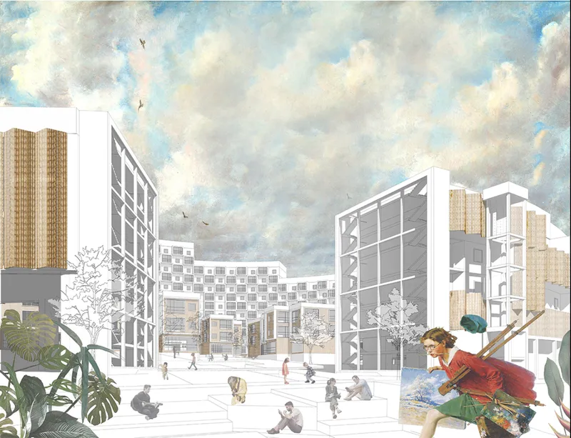 Rendered courtyard view with residents and dogs beneath cloudy skies framed by white and timber facades
