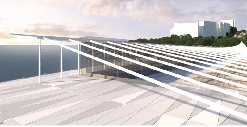 White slatted roof deck with exposed structural ribs extending toward waterfront at sunset