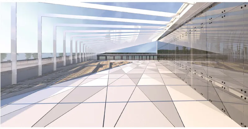 Glass-walled corridor with white tile floor and rhythmic white frame structures creating linear perspective