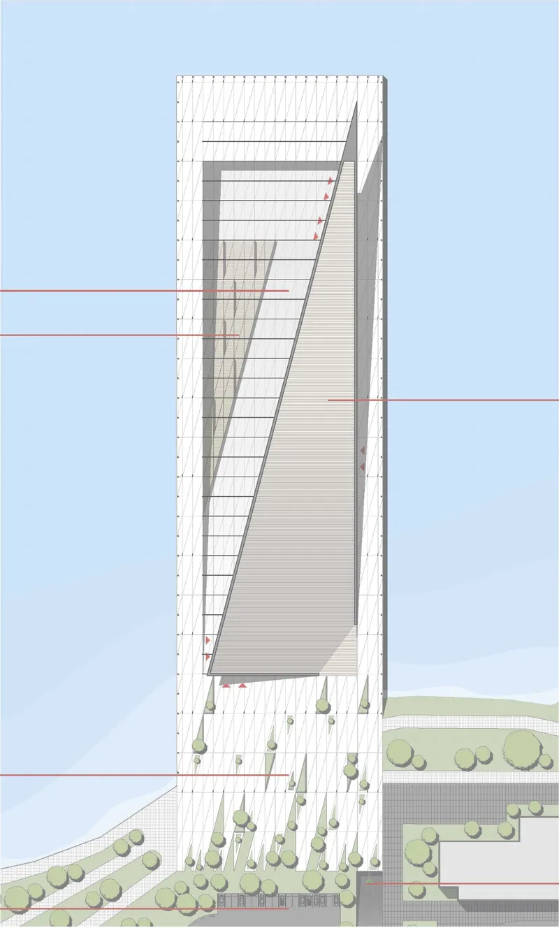 Elevation drawing showing slender tower with angled cable structure and landscaped ground plane