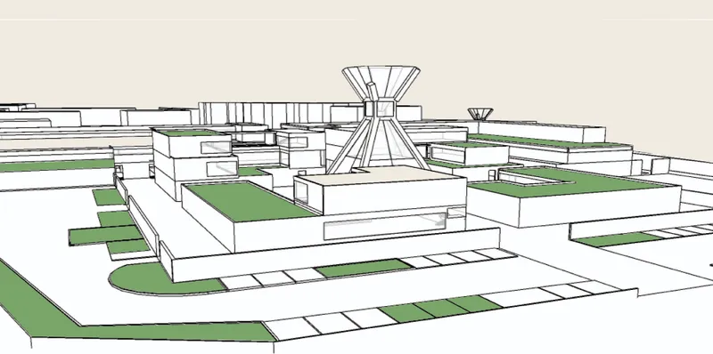 Perspective line drawing showing terraced volumes with green roofs radiating from a central conical tower
