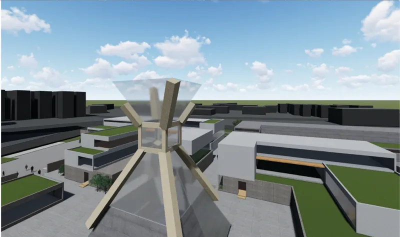 Digital rendering of a radial timber tower anchoring a complex of low volumes under a cloudy sky