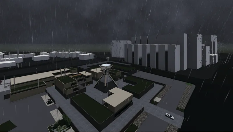 Aerial view of the massing model at night showing the plaza and tower during a rainstorm