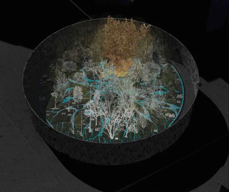 Aerial view of circular basin filled with planted trees and turquoise pathways against dark ground