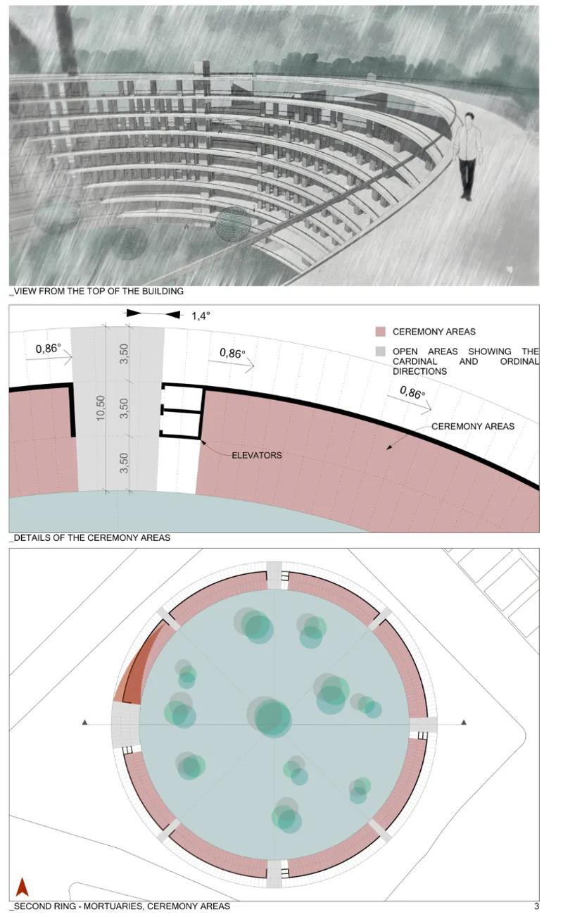 Perspective sketch from above depicting concentric terraced rings descending around a central void with a lone figure