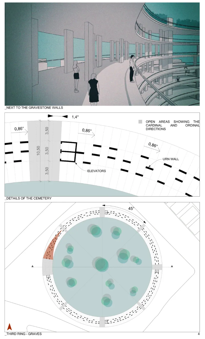 Interior perspective rendering of a curved corridor with vertical columns and visitors near gravestone walls