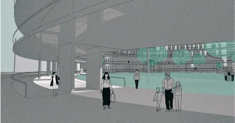 Perspective rendering showing visitors walking along a curving ramp beside a translucent green facade