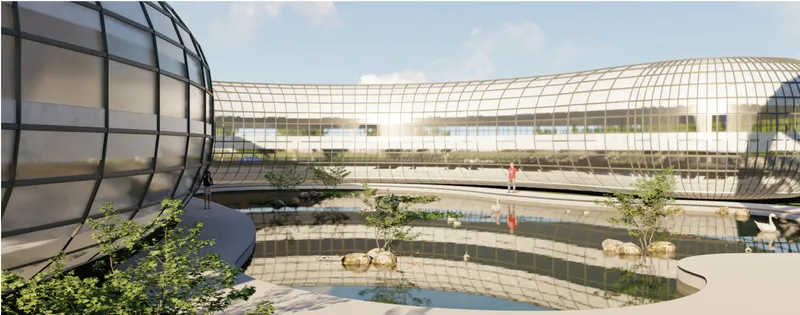 Courtyard with water features and circular paving connecting a geodesic dome to a barrel-vaulted glass structure