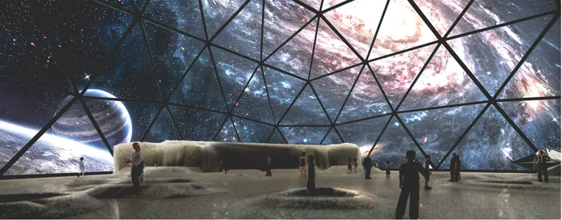Interior of geodesic dome with triangulated glazing overhead showing a projection of celestial space and planets