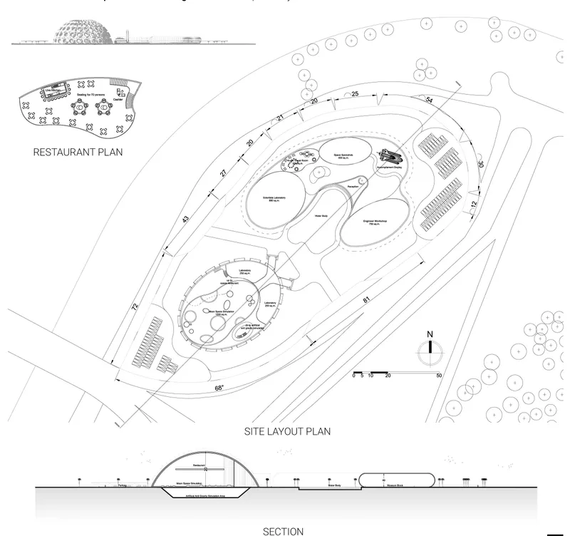 Site plan drawing showing multiple dome structures, parking areas, and roadway circulation with a north arrow