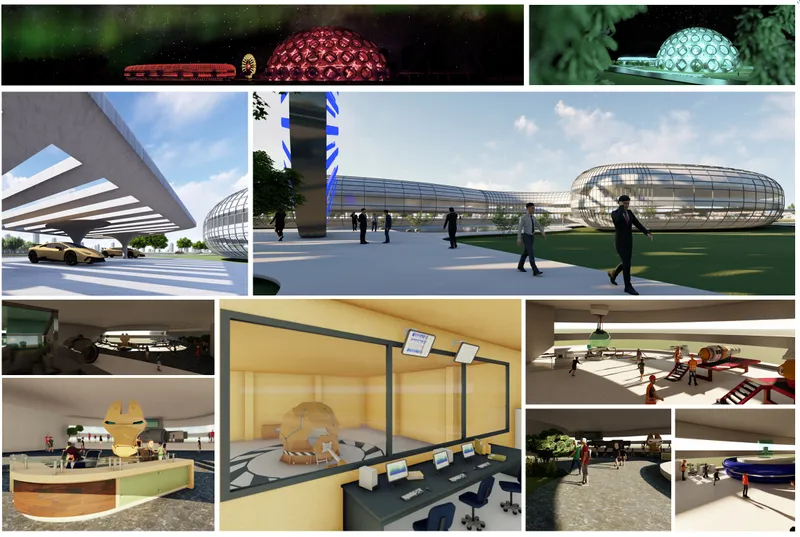 Composite rendering showing various interior and exterior views of geodesic domes and vaulted structures with visitors