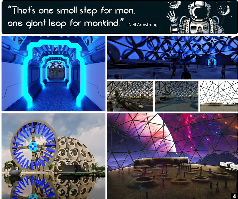 Composite rendering showing illuminated corridors, geodesic interiors with seating, and domes reflected in water at dusk