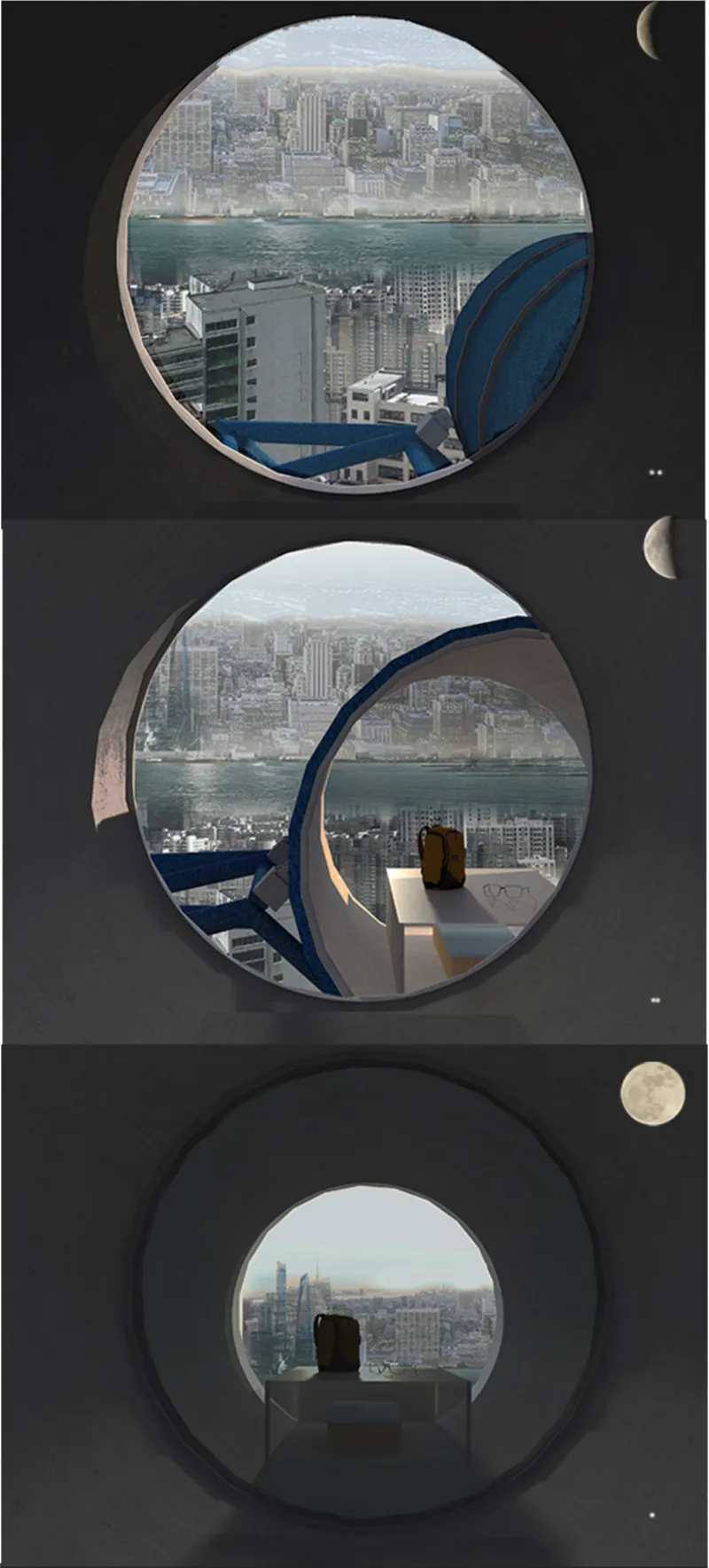 Three stacked circular windows with dark frames framing city and river views with two seated figures