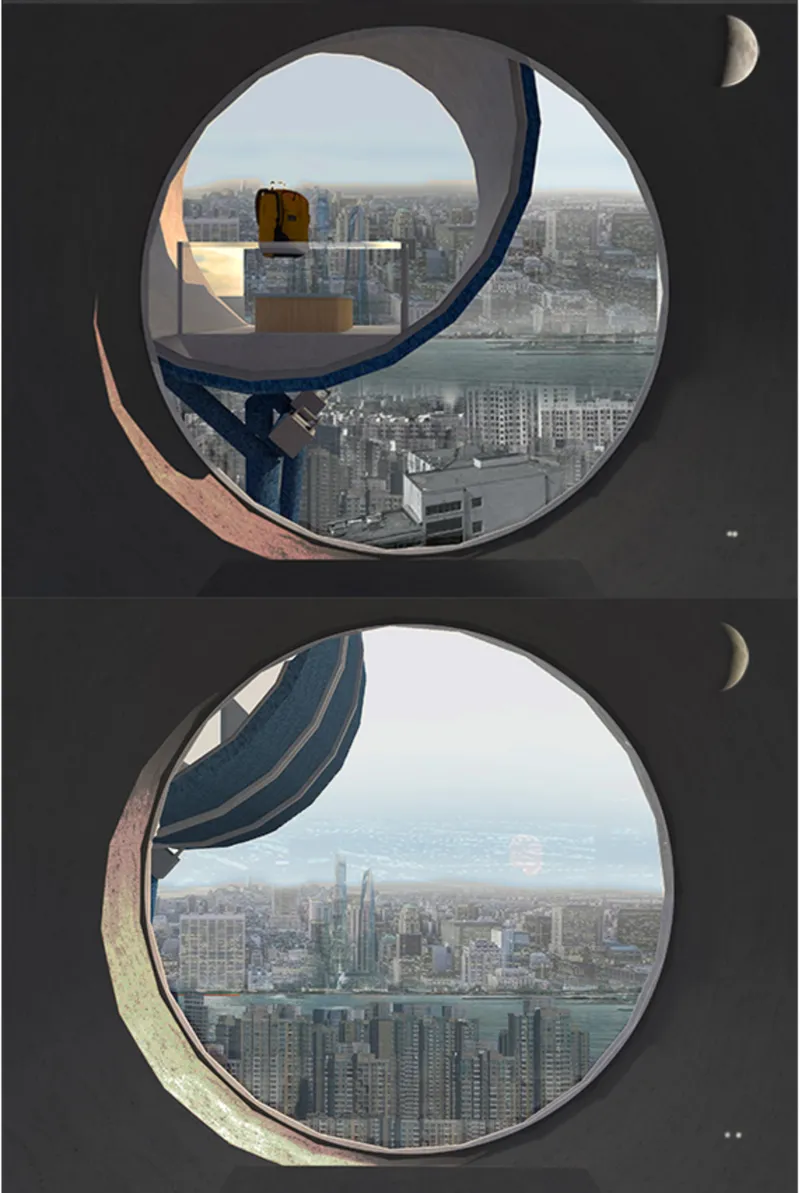 Paired circular openings with curved blue metal mullions overlooking a waterfront cityscape at dawn