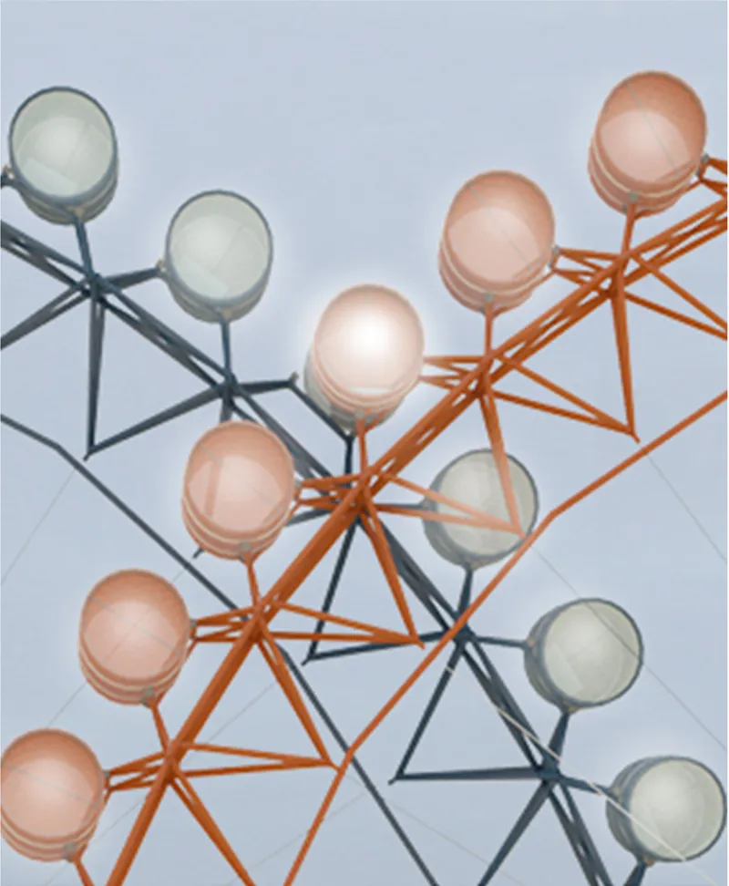Upward view of intersecting lattice structure with spherical pod enclosures in orange and grey steel