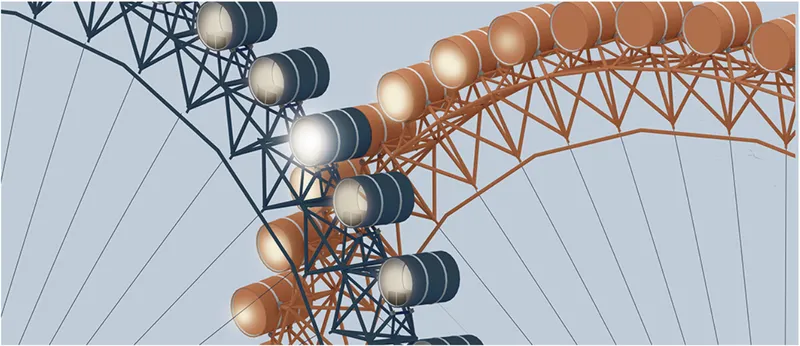 Diagonal view of two ferris wheel structures with enclosed capsules in contrasting orange and grey