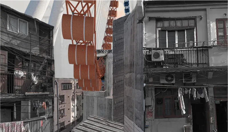 Courtyard view showing orange ferris wheel structure rising between low-rise residential buildings with laundry