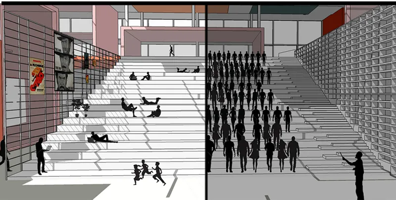 Interior perspective of wide stepped seating with people lounging and crowds gathering between glass block walls