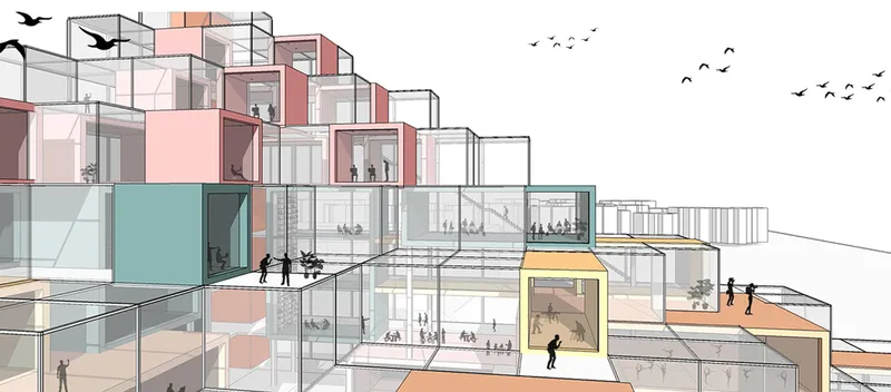 Section drawing showing a stepped terraced structure with colored volumes and figures on multiple levels with birds overhead