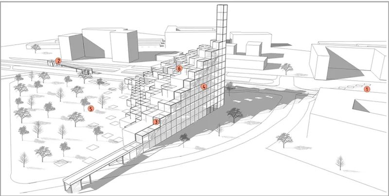 Axonometric drawing of a pyramidal gridded tower among low-rise buildings with trees and pathways below