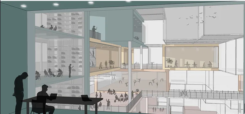 Section perspective showing multilevel interior spaces with figures seated at a desk overlooking a central atrium