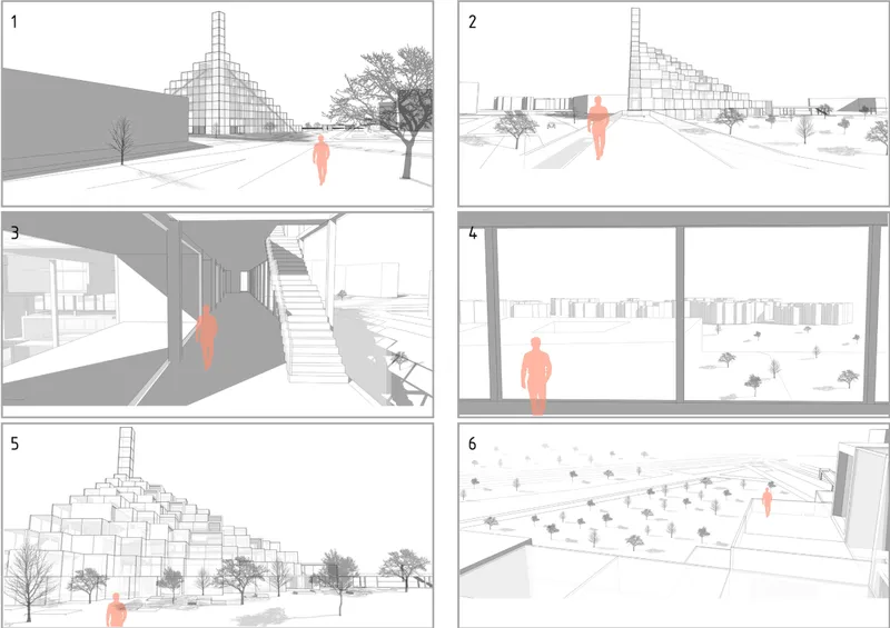 Six perspective vignettes showing a pyramidal structure from exterior and interior viewpoints with scale figures in orange