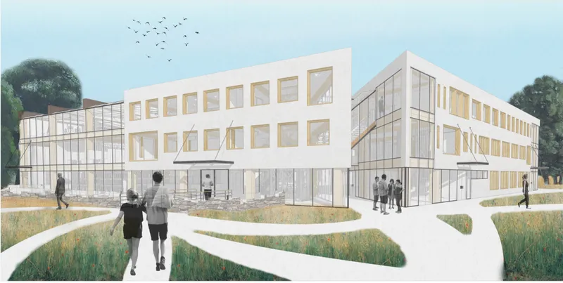 Rendered view of the three-storey building with glass corner entrance and curving pedestrian paths through planted landscape