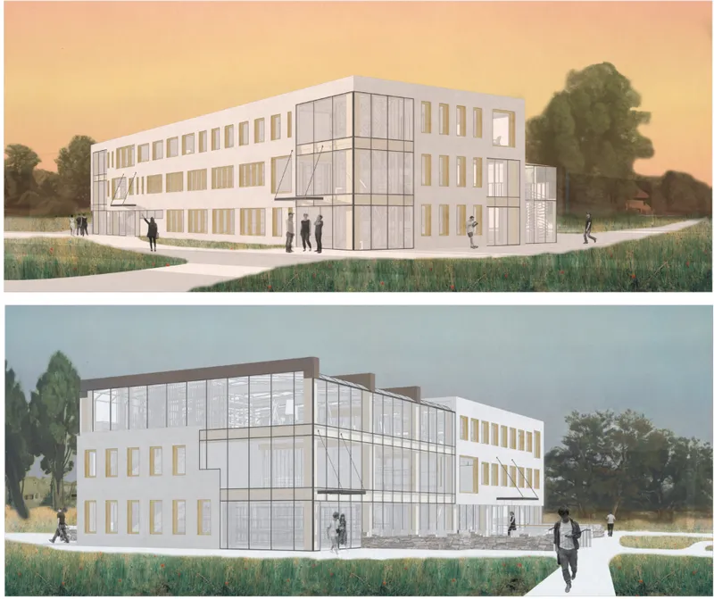 Two rendered exterior views showing the glass corner entrance volume and gridded fenestration under different skies