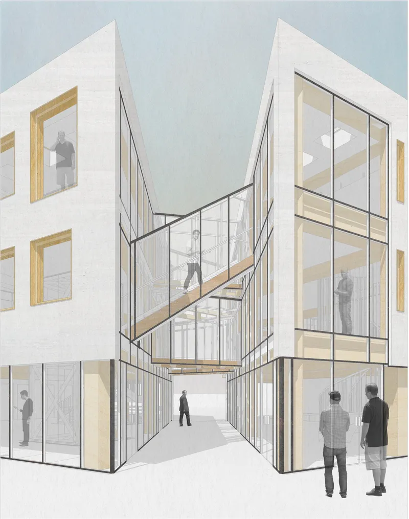 Cutaway rendering of the triple-height atrium with timber and steel bridge stairs connecting white-framed volumes