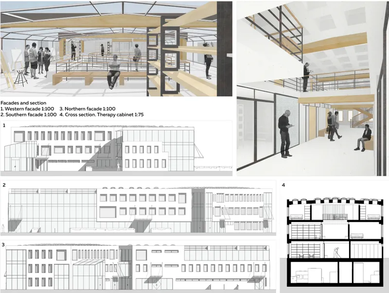 Sheet of elevation drawings, floor plan and two interior perspective renderings showing atrium spaces with timber balconies
