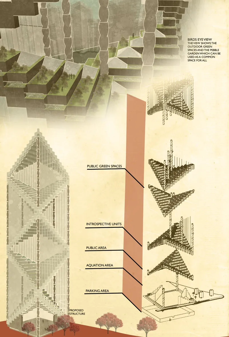 Exploded axonometric diagram showing the layered program organization from parking level to rooftop green spaces