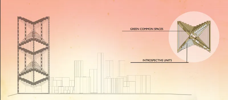 Elevation drawing showing the tower structure among surrounding urban skyline with labeled program zones