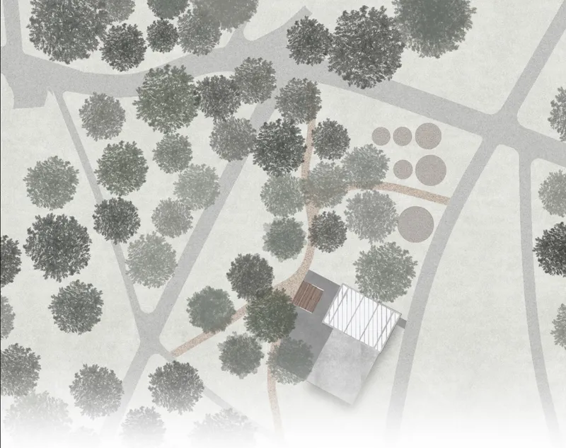Site plan drawing showing a building nested among mature trees with diagonal pathways and circular gathering spaces