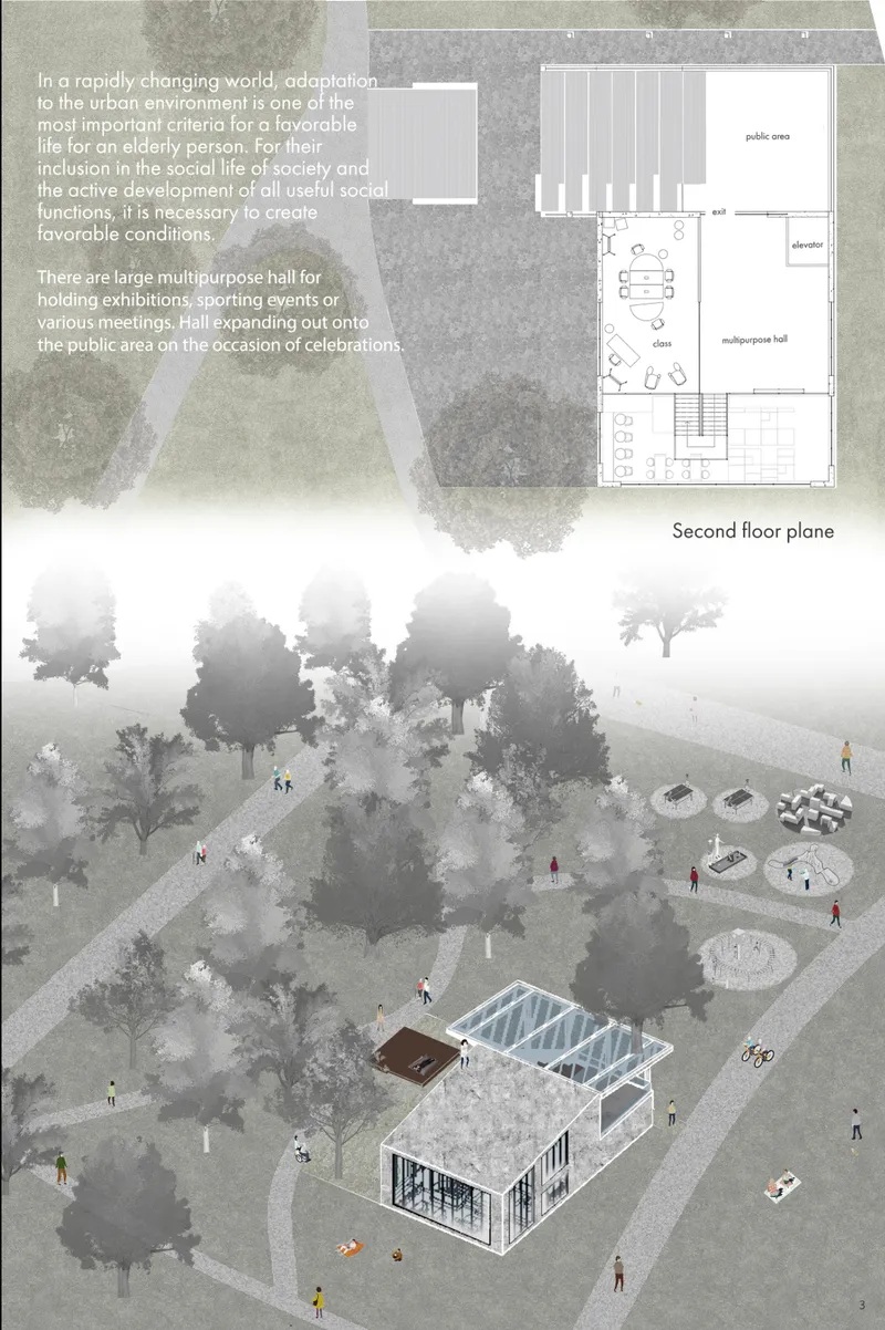 Axonometric drawing showing a glazed pavilion in a park setting with scattered visitors and trees