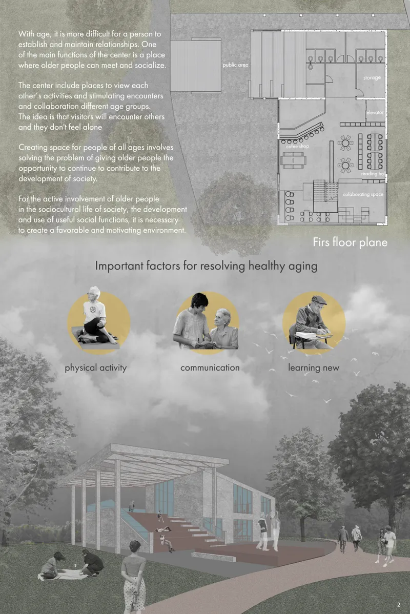 Presentation board with first floor plan and rendering of a glazed pavilion with people gathered outside