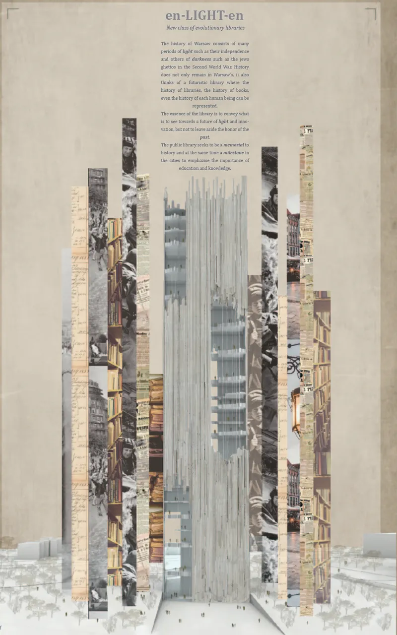 Presentation board showing a vertical tower elevation composed of collaged historical photographs and architectural fragments
