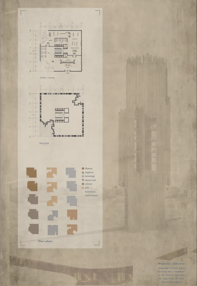 Presentation board displaying floor plans, material palette swatches, and elevation rendering of a vertical tower in fog