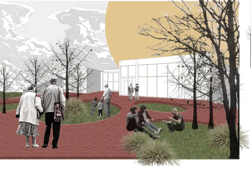 Exterior rendering of glazed facade with people gathering on landscaped grounds beneath bare trees