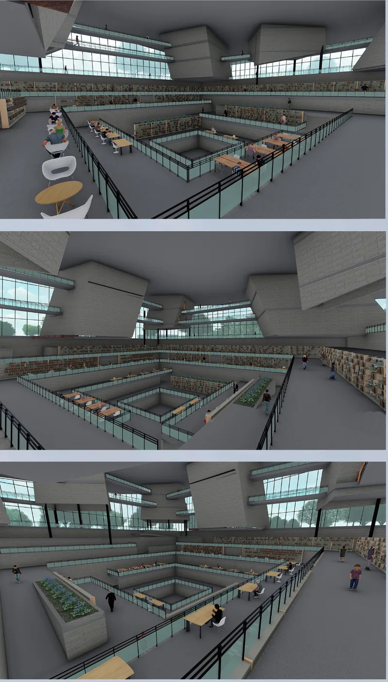 Interior rendering of the library reading hall with glass partitions and overhead clerestory windows
