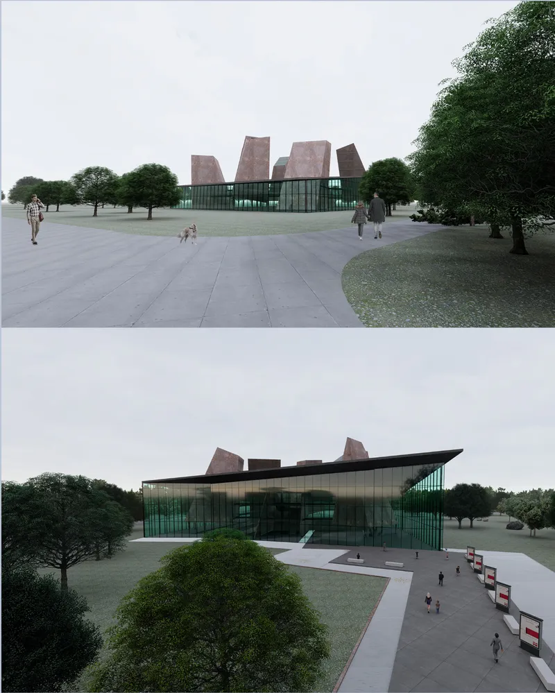 Approach views showing the glazed pavilion with cantilevered roof nestled among mature trees and visitors