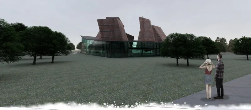Exterior view of the glass and metal base with angled weathered steel towers rising above the lawn